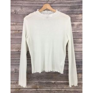 H&M White Ribbed Sheer Ruffle Mock Neck Top